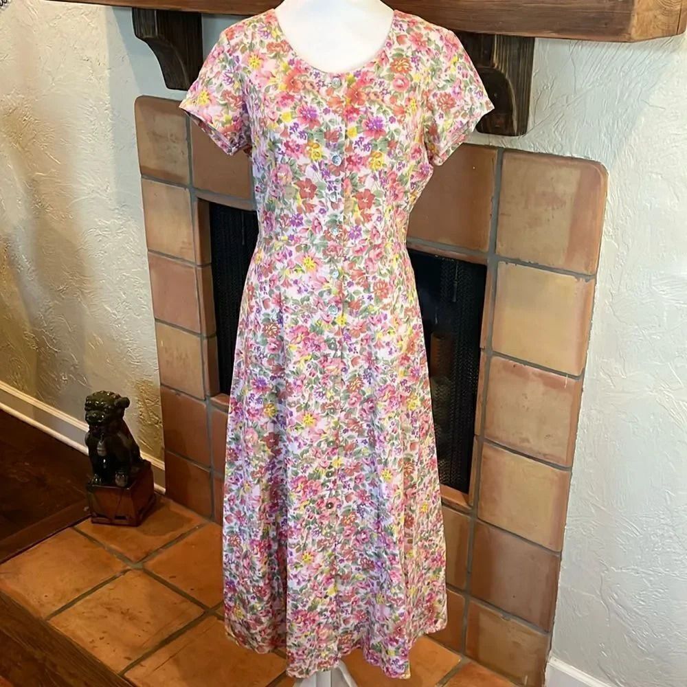 Chadwick’s Pink Floral Linen Button Up Midi Dress, 10!